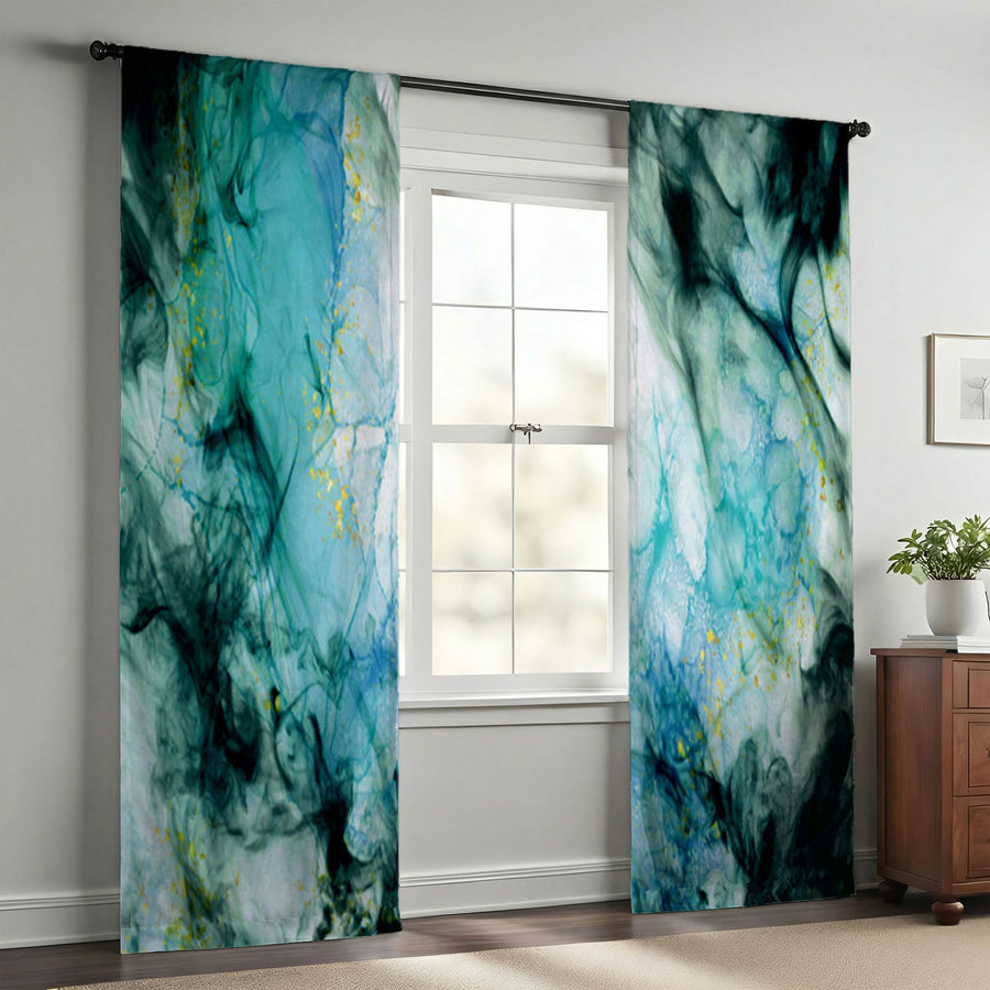 Teal Ink Wash Abstract Texture Window Curtain