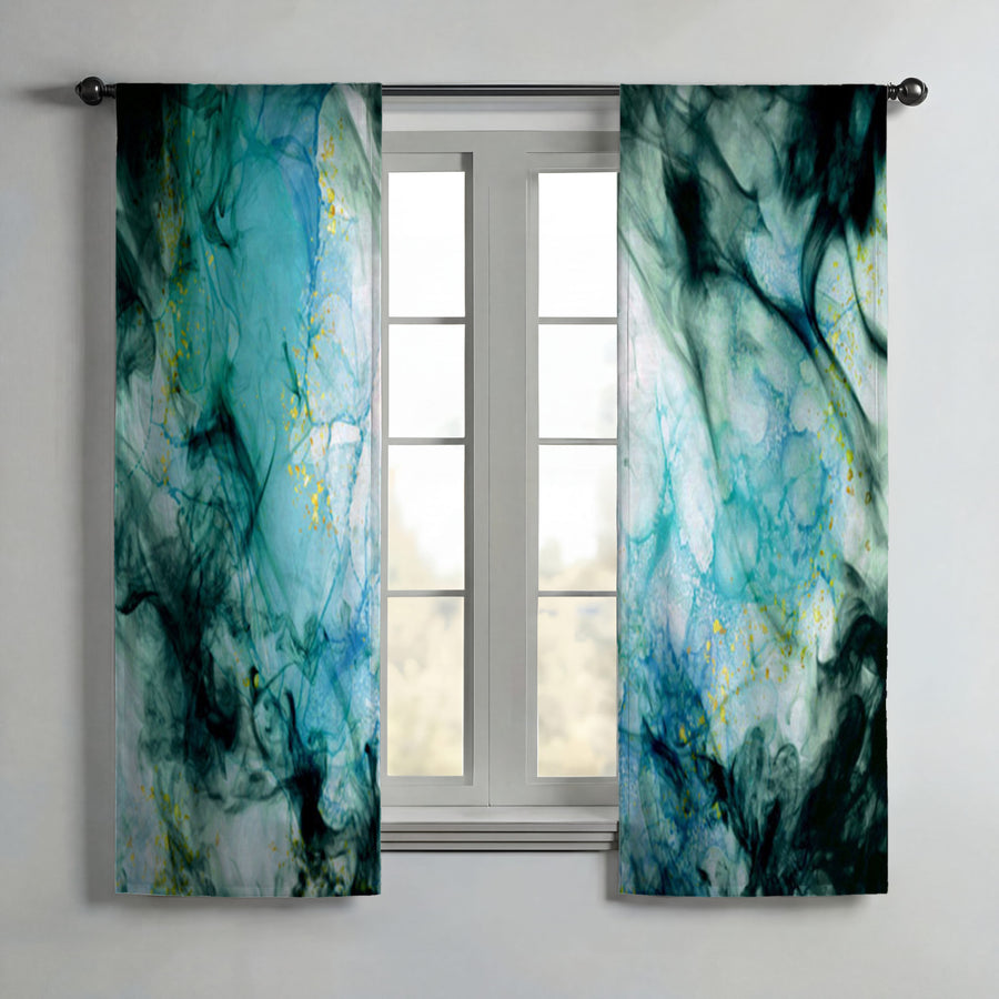 Teal Ink Wash Abstract Texture Window Curtain