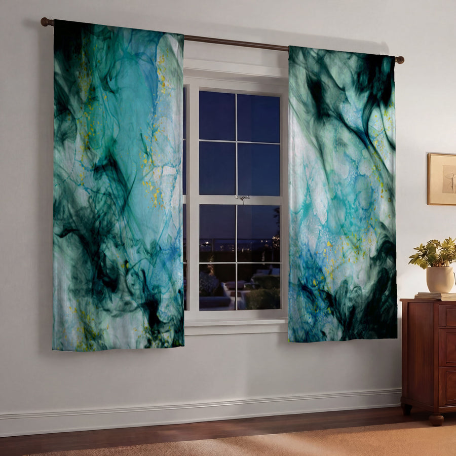Teal Ink Wash Abstract Texture Window Curtain