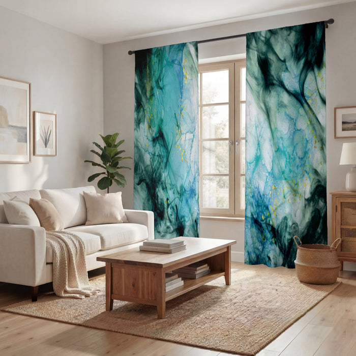 Teal Ink Wash Abstract Texture Window Curtain