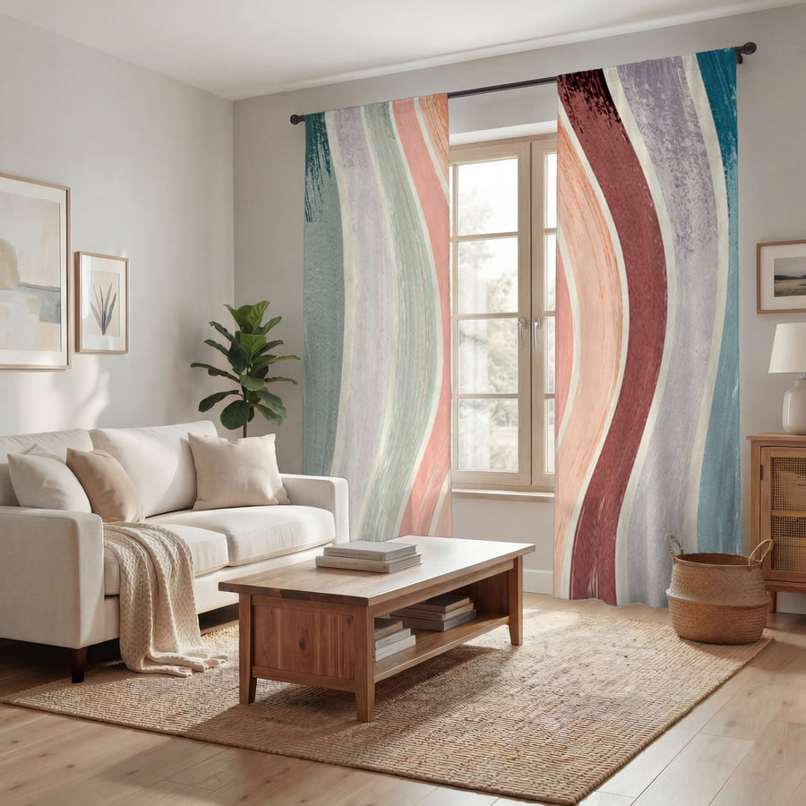 Neutral Wavy Stripe Flow Pattern Window Curtains
