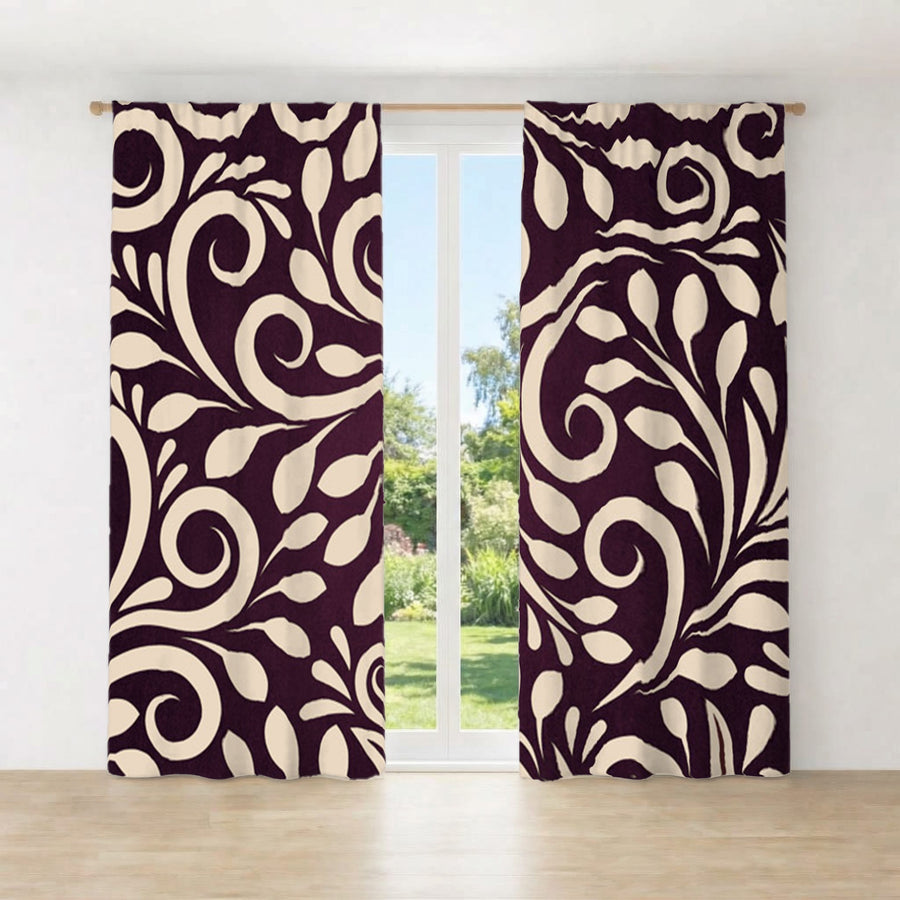 Purple Ornamental Scroll Pattern Window Curtains