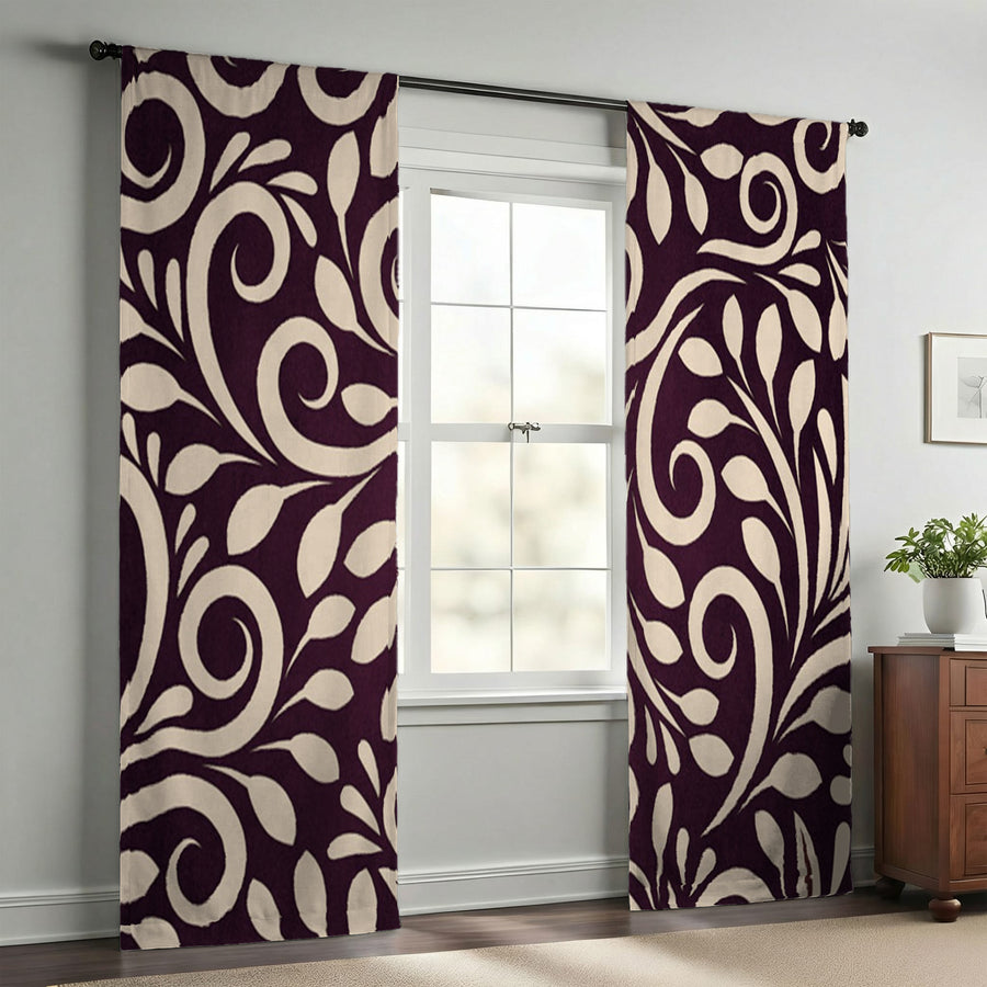 Purple Ornamental Scroll Pattern Window Curtains
