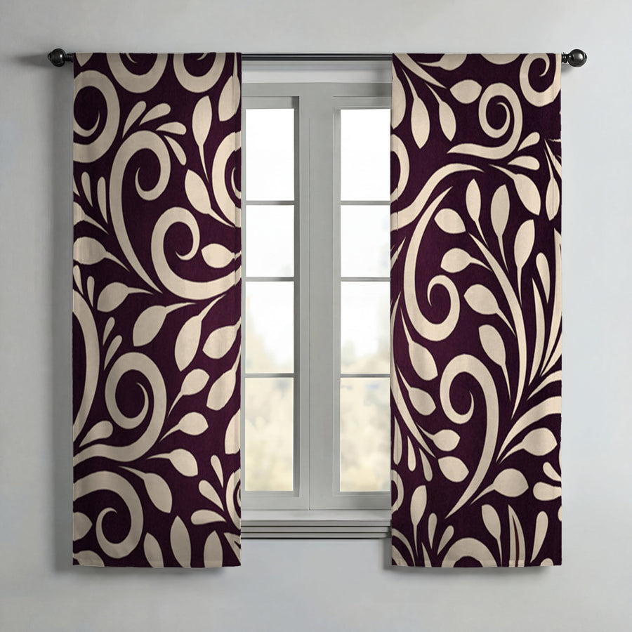 Purple Ornamental Scroll Pattern Window Curtains