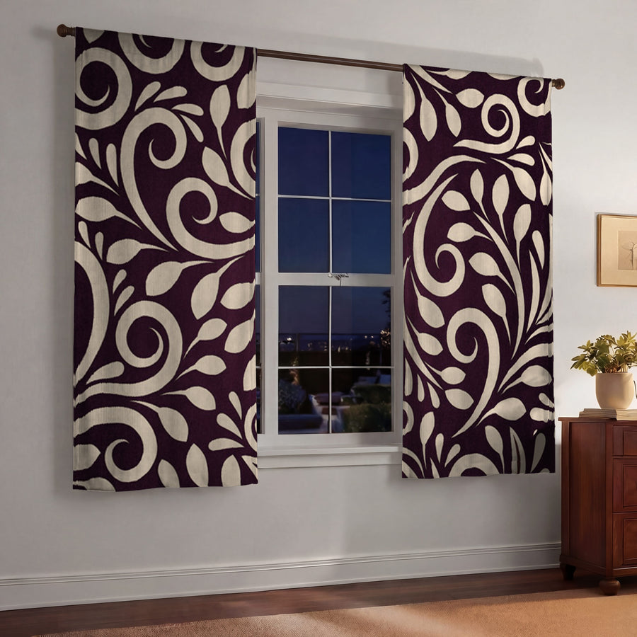 Purple Ornamental Scroll Pattern Window Curtains
