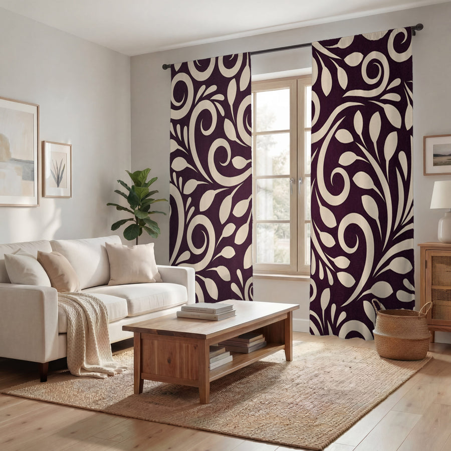 Purple Ornamental Scroll Pattern Window Curtains