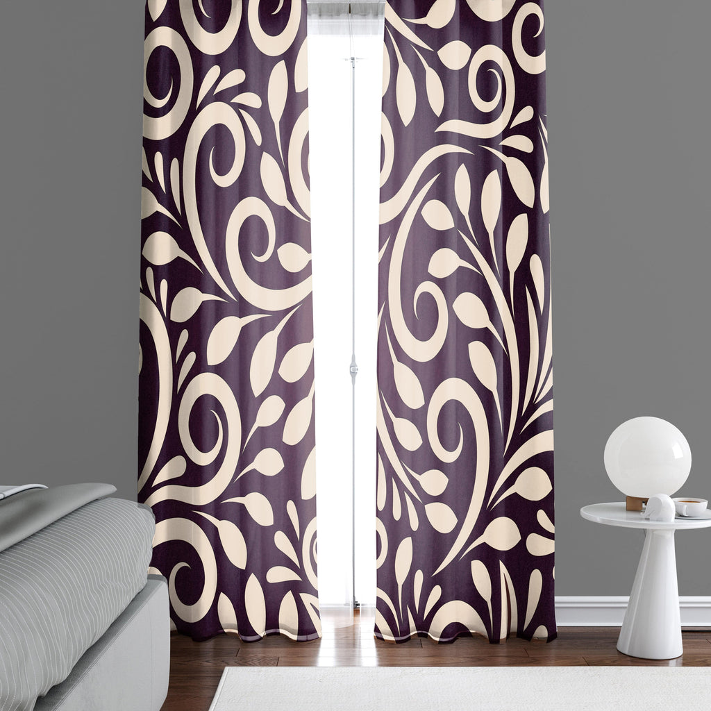 Burgundy and Beige Ornate Pattern Window Curtains - Deja Blue Studios