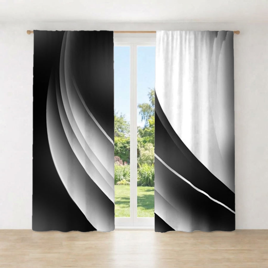 Black and White Curved Line Abstract Pattern Window Curtain