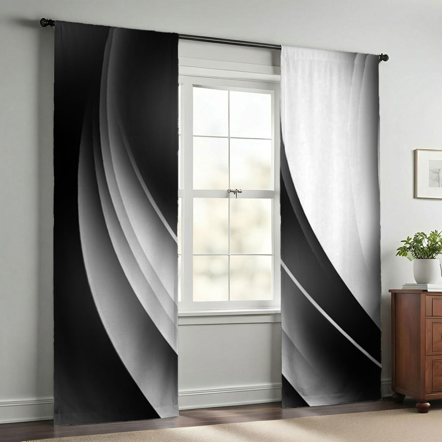 Black and White Curved Line Abstract Pattern Window Curtain