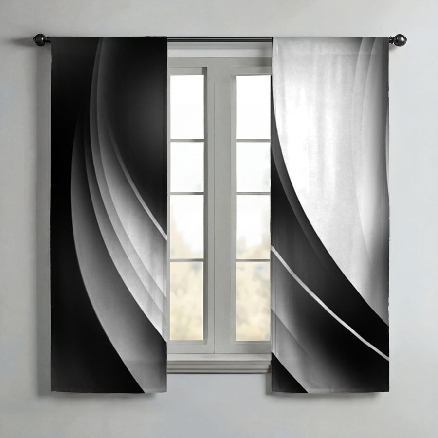 Black and White Curved Line Abstract Pattern Window Curtain