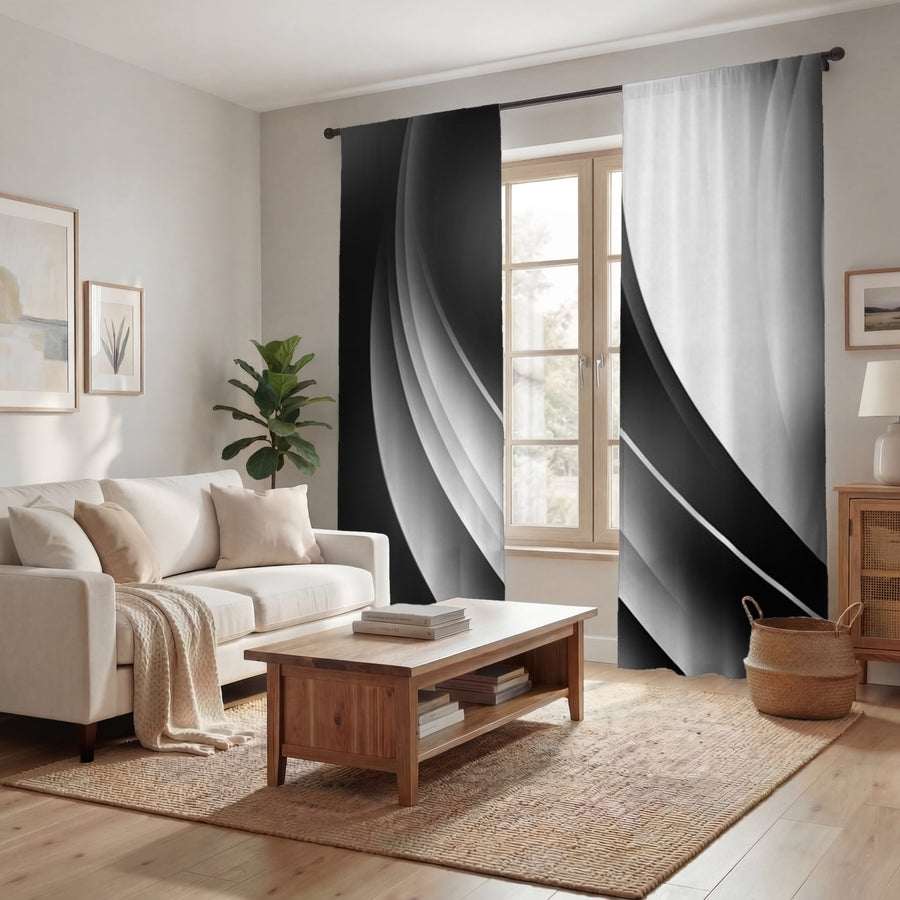 Black and White Curved Line Abstract Pattern Window Curtain