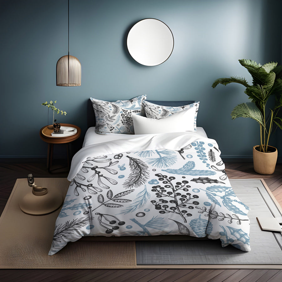 Blue Botanical Line Floral Pattern Duvet Cover