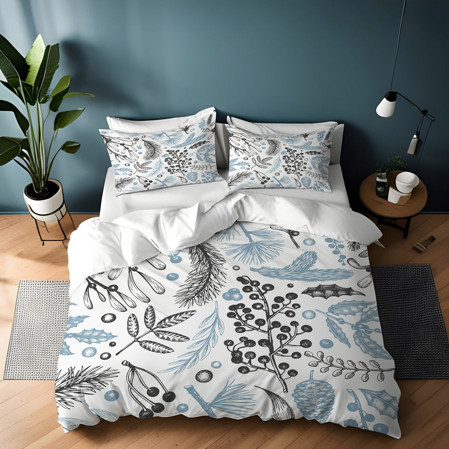 Blue Botanical Line Floral Pattern Duvet Cover