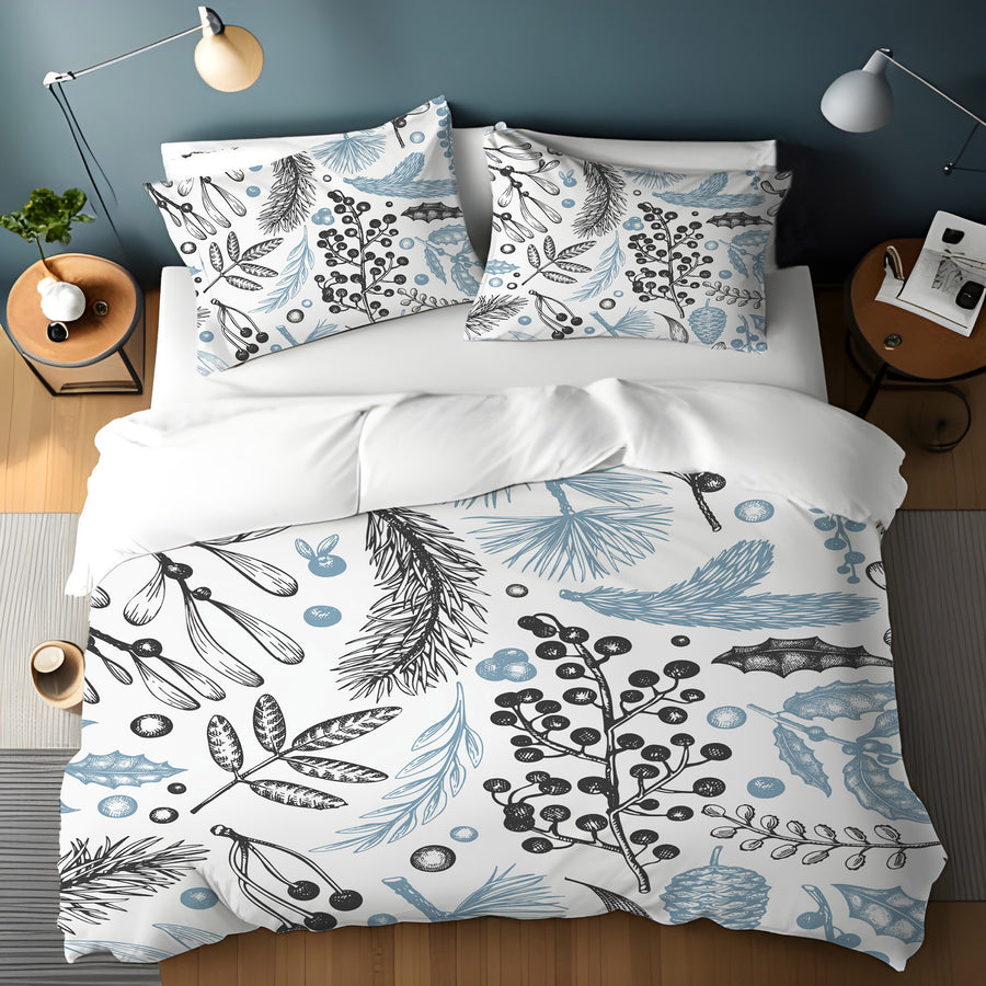 Blue Botanical Line Floral Pattern Duvet Cover