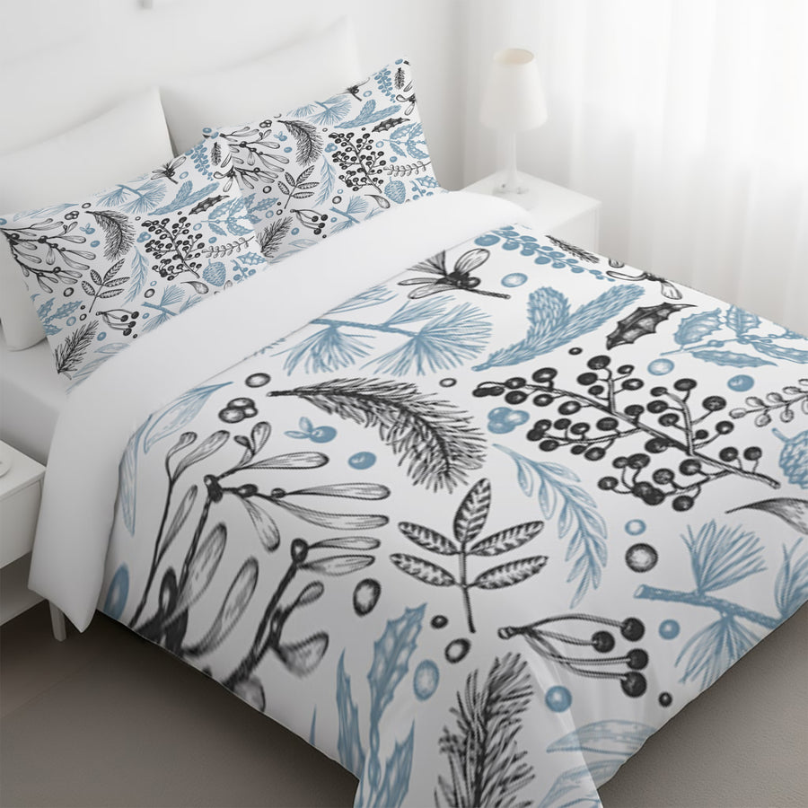 Blue Botanical Line Floral Pattern Duvet Cover