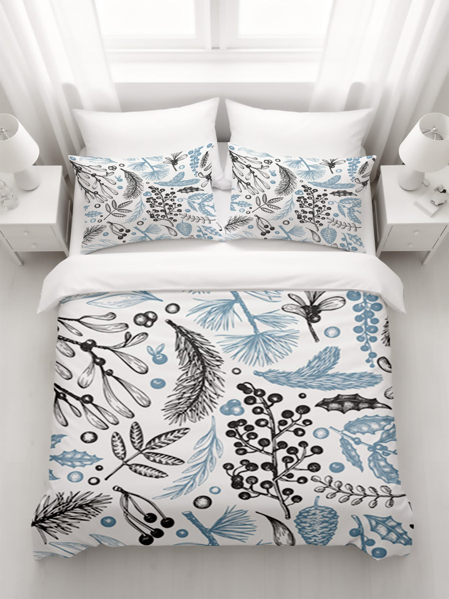 Blue Botanical Line Floral Pattern Duvet Cover