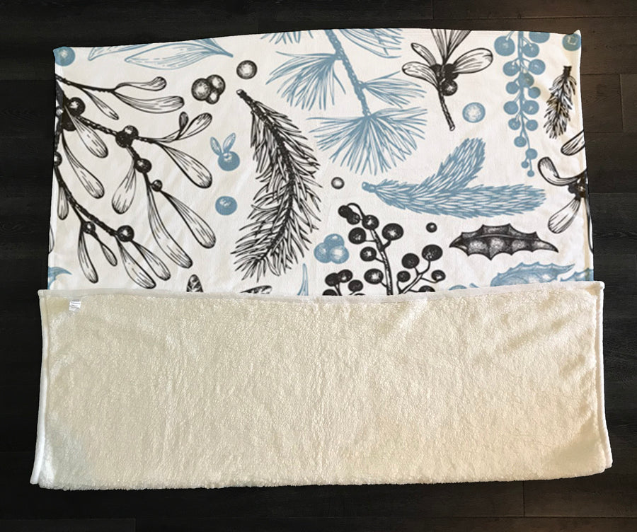 Blue Botanical Line Floral Pattern Fleece Sherpa Blanket