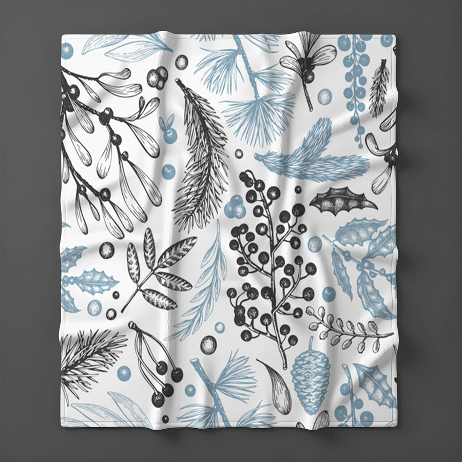 Blue Botanical Line Floral Pattern Fleece Sherpa Blanket