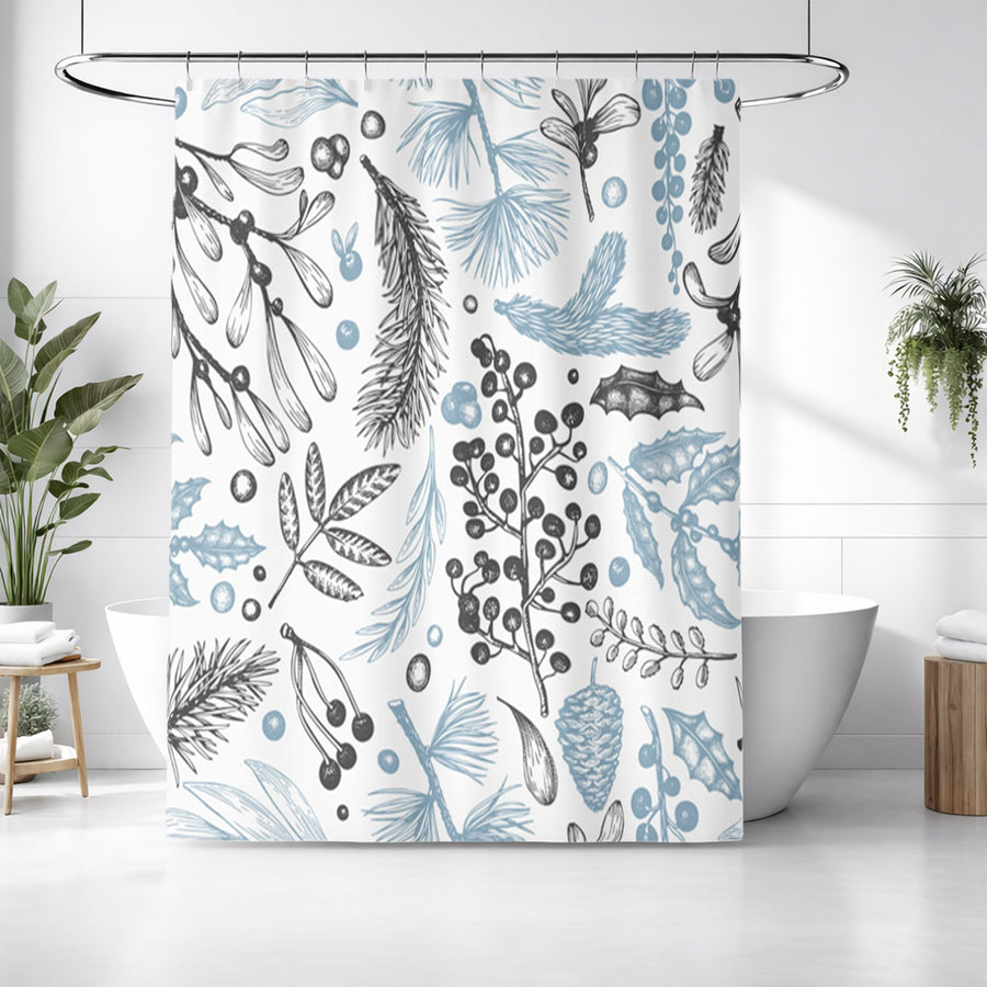 Blue Botanical Line Floral Pattern Shower Curtain