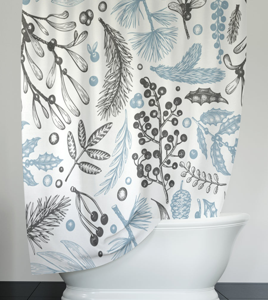 Blue Botanical Line Floral Pattern Shower Curtain