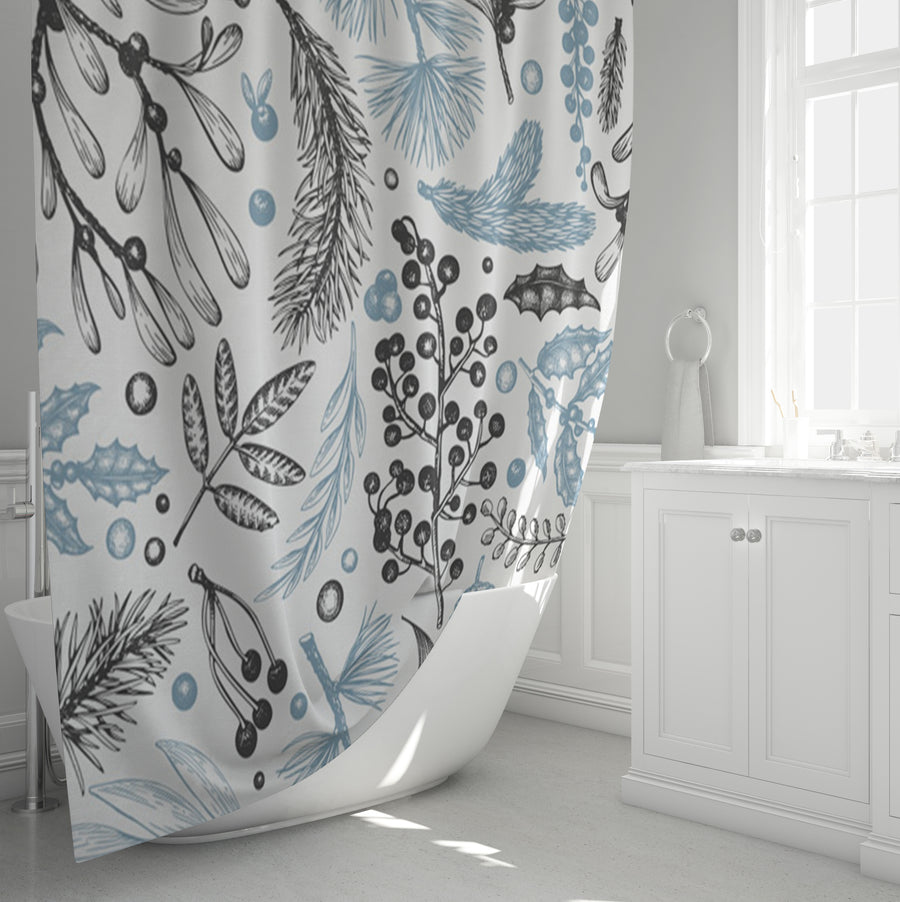 Blue Botanical Line Floral Pattern Shower Curtain