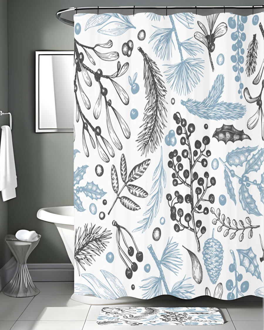 Blue Botanical Line Floral Pattern Shower Curtain