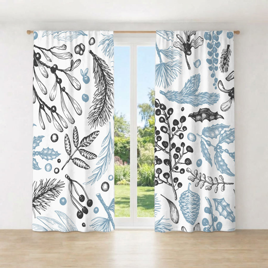 Blue Botanical Line Floral Pattern Window Curtains