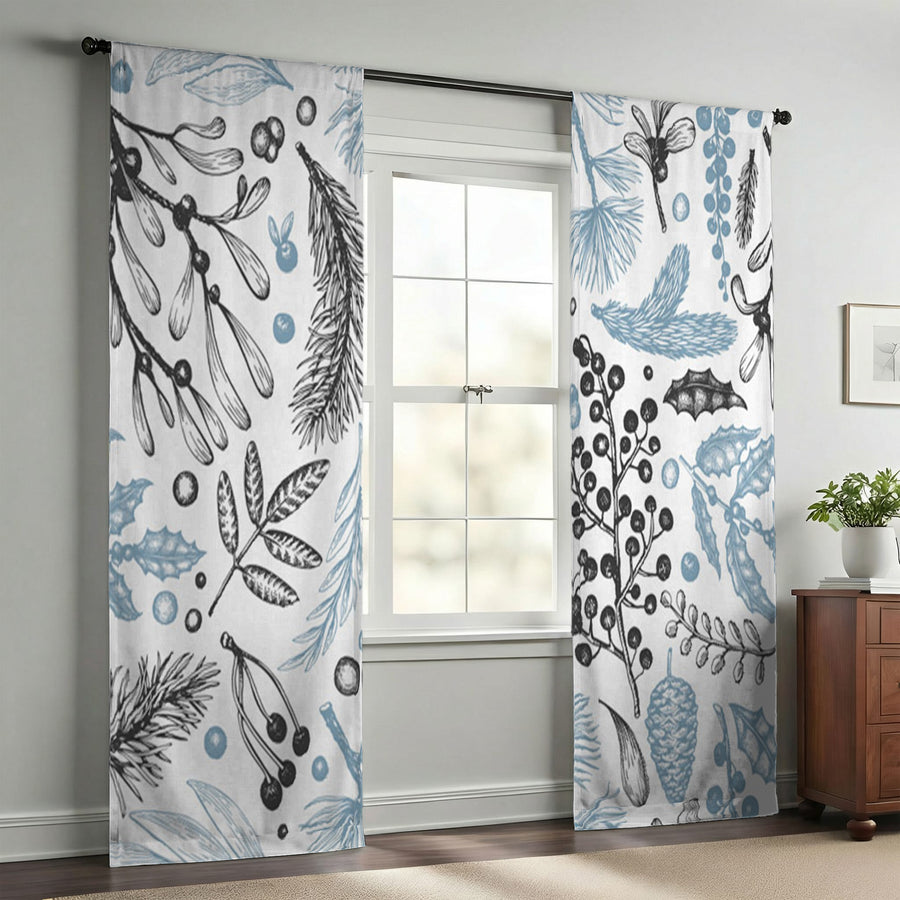 Blue Botanical Line Floral Pattern Window Curtains