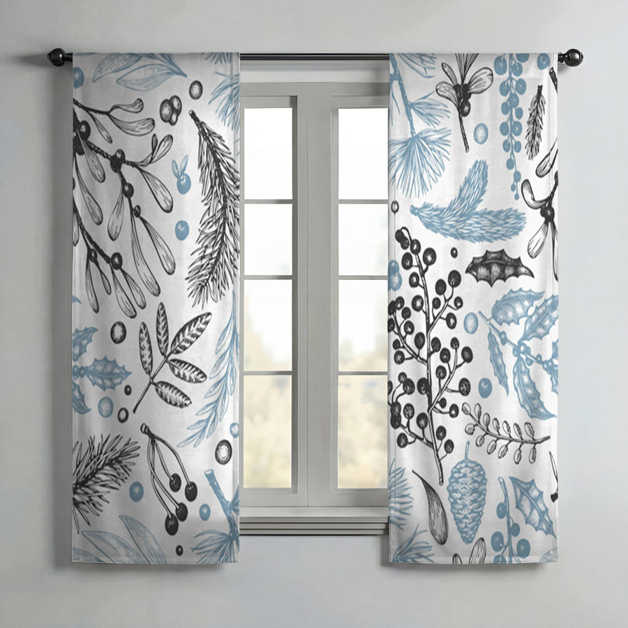 Blue Botanical Line Floral Pattern Window Curtains