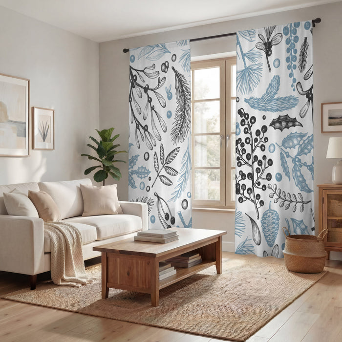 Blue Botanical Line Floral Pattern Window Curtains