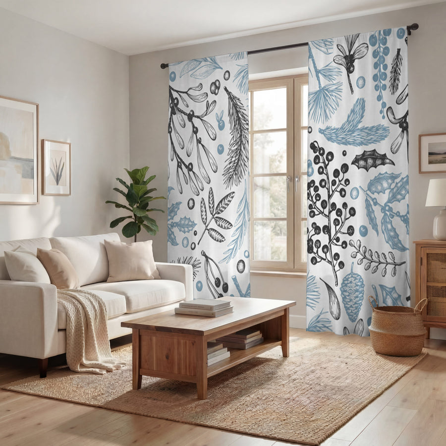 Blue Botanical Line Floral Pattern Window Curtains