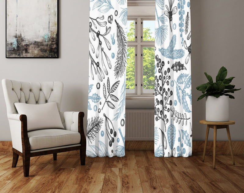 Blue and White Chic  Wooldand Floral Print Window Curtains - Deja Blue Studios