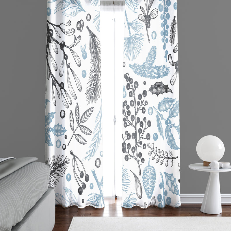 Blue and White Chic  Wooldand Floral Print Window Curtains - Deja Blue Studios