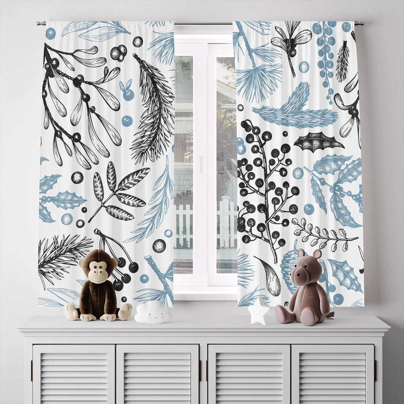 Blue and White Chic  Wooldand Floral Print Window Curtains - Deja Blue Studios