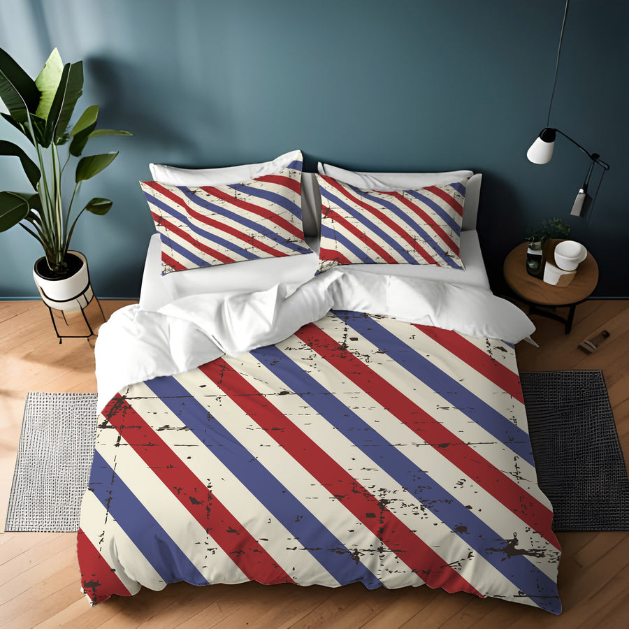 Red and Blue Vintage Stripe Pattern Duvet Cover