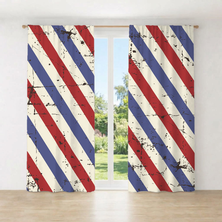 Red and Blue Vintage Stripe Pattern Window Curtains