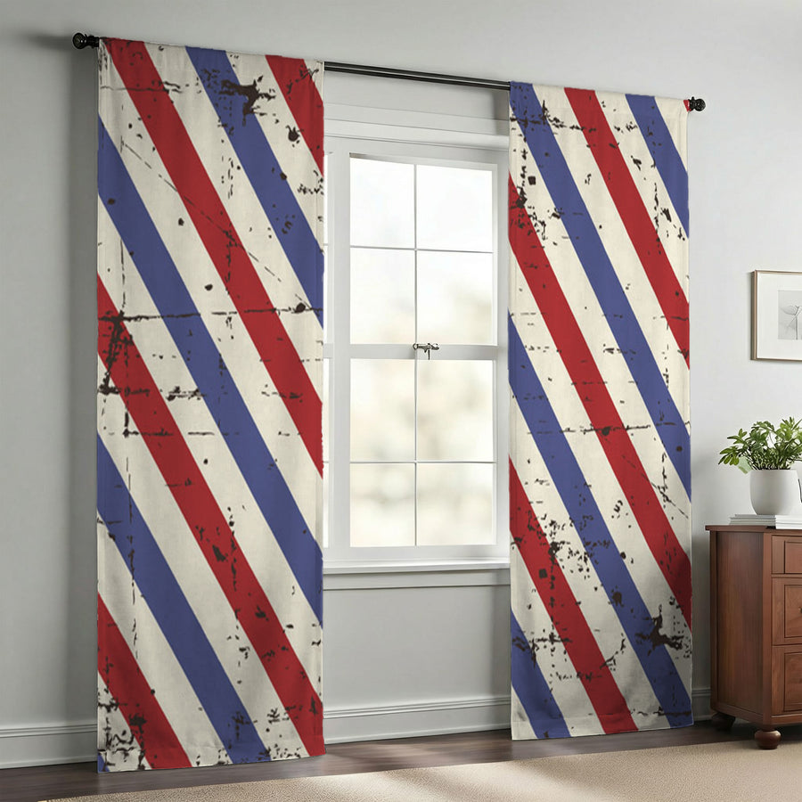 Red and Blue Vintage Stripe Pattern Window Curtains