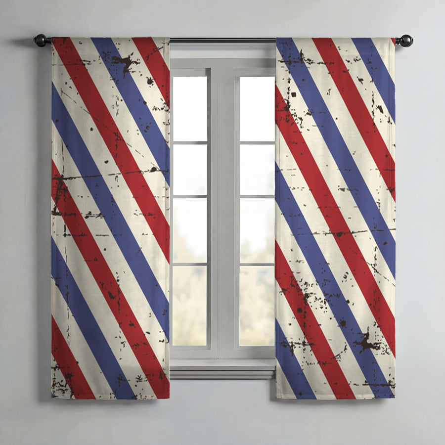 Red and Blue Vintage Stripe Pattern Window Curtains
