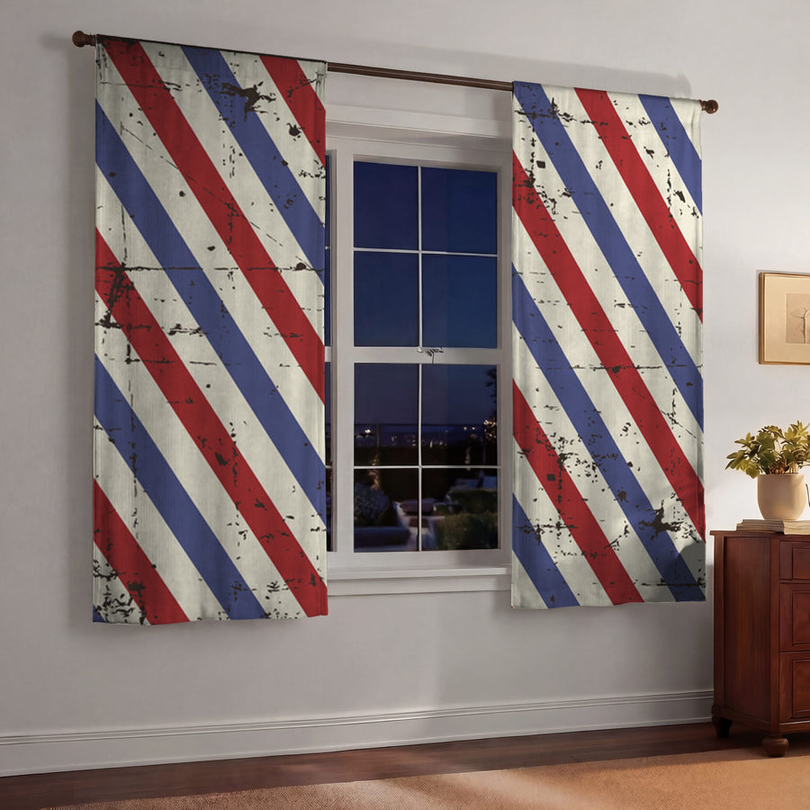Red and Blue Vintage Stripe Pattern Window Curtains