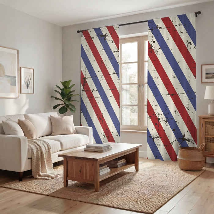 Red and Blue Vintage Stripe Pattern Window Curtains