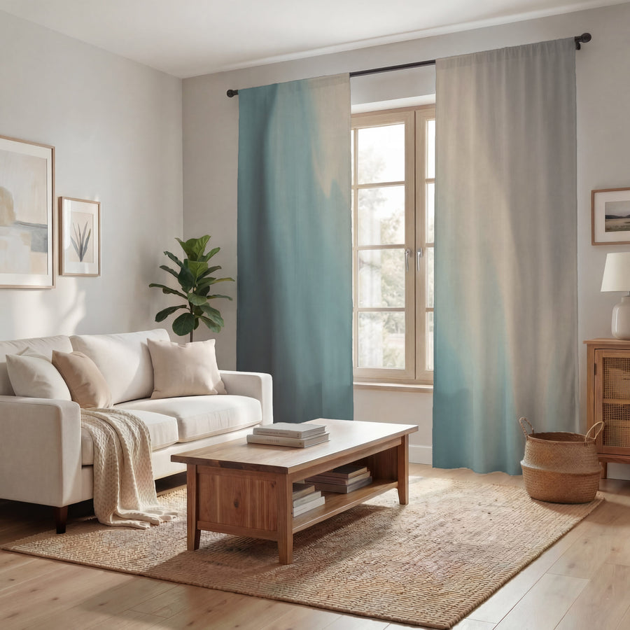 Soft Beige and Teal Gradient Blend Window Curtains
