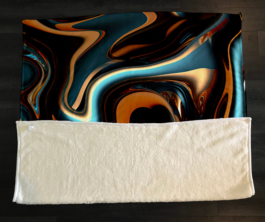 Brown and Teal Liquid Marble Swirl Pattern Fleece Sherpa Blanket