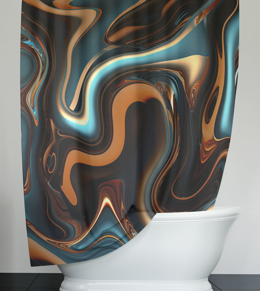 Brown and Teal Liquid Marble Swirl Pattern Shower Curtain