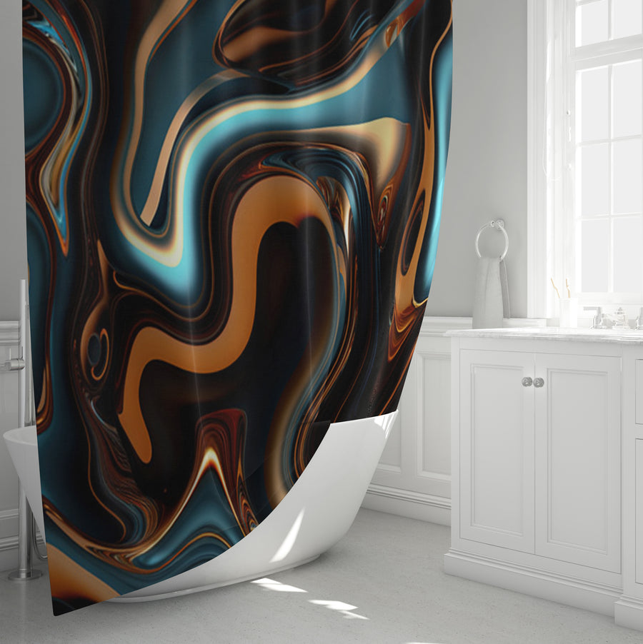 Brown and Teal Liquid Marble Swirl Pattern Shower Curtain