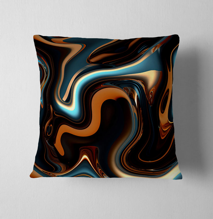 Brown and Teal Liquid Marble Swirl Pattern Throw Pillow Cover