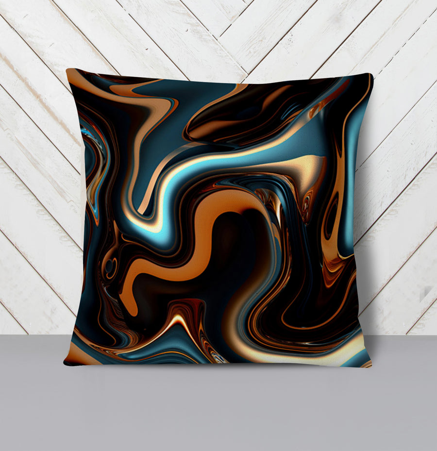Brown and Teal Liquid Marble Swirl Pattern Throw Pillow Cover