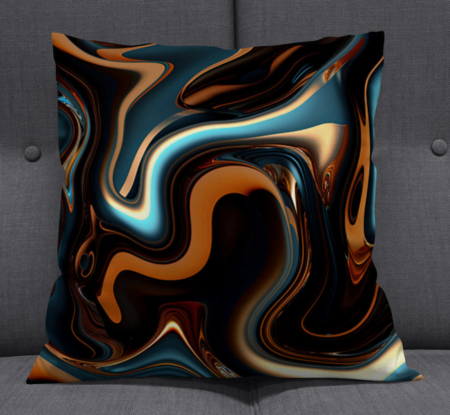 Brown and Teal Liquid Marble Swirl Pattern Throw Pillow Cover