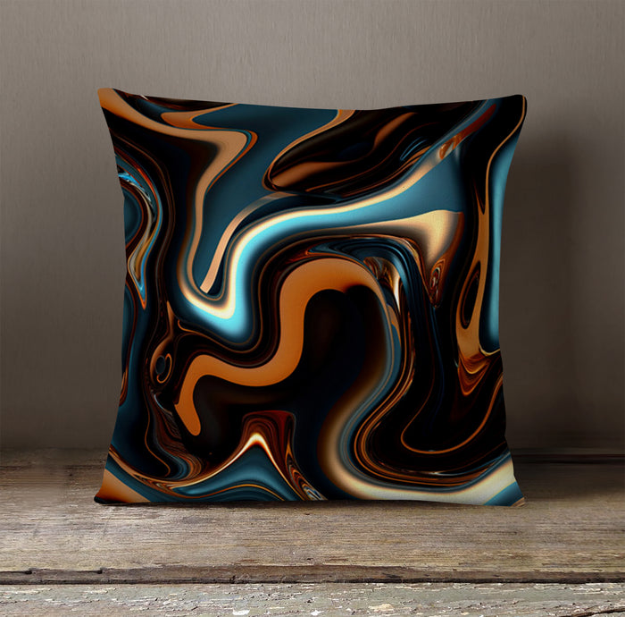 Brown and Teal Liquid Marble Swirl Pattern Throw Pillow Cover