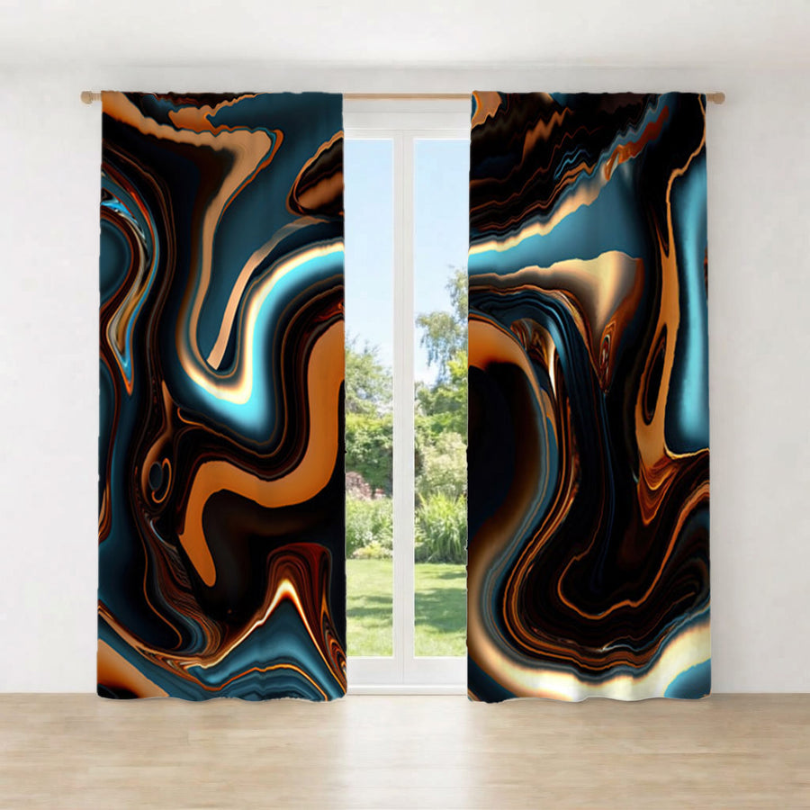 Brown and Teal Liquid Marble Swirl Pattern Window Curtain