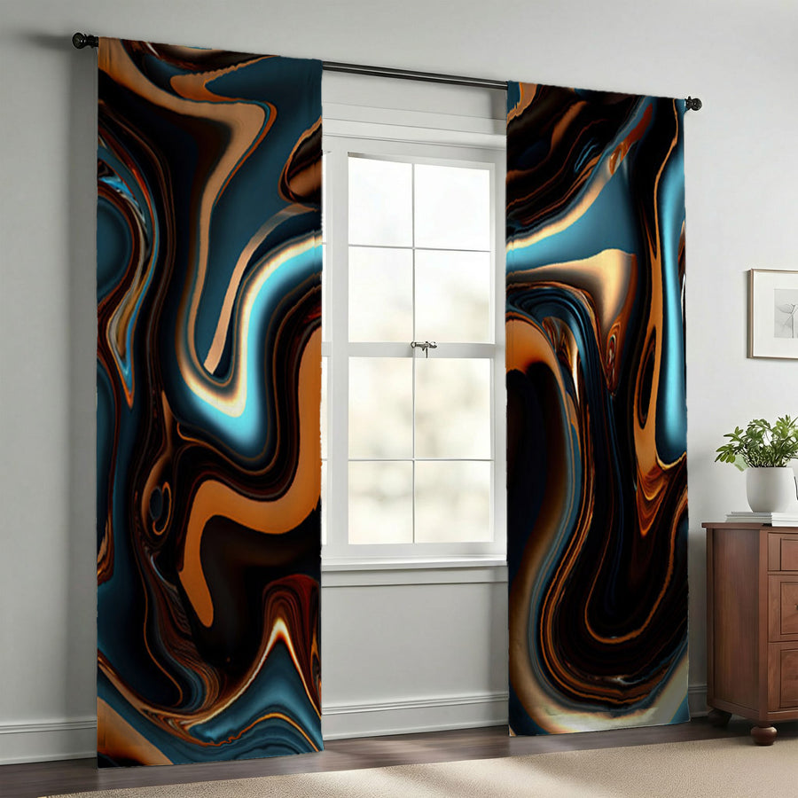 Brown and Teal Liquid Marble Swirl Pattern Window Curtain